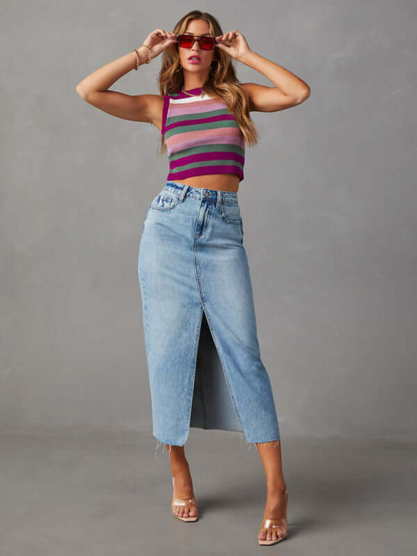 Eco-friendly New front slit denim high waist a line mid length skirt