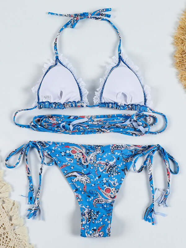 Eco-friendly New bikini lace-up sexy backless webbing spliced lace split swimsuit