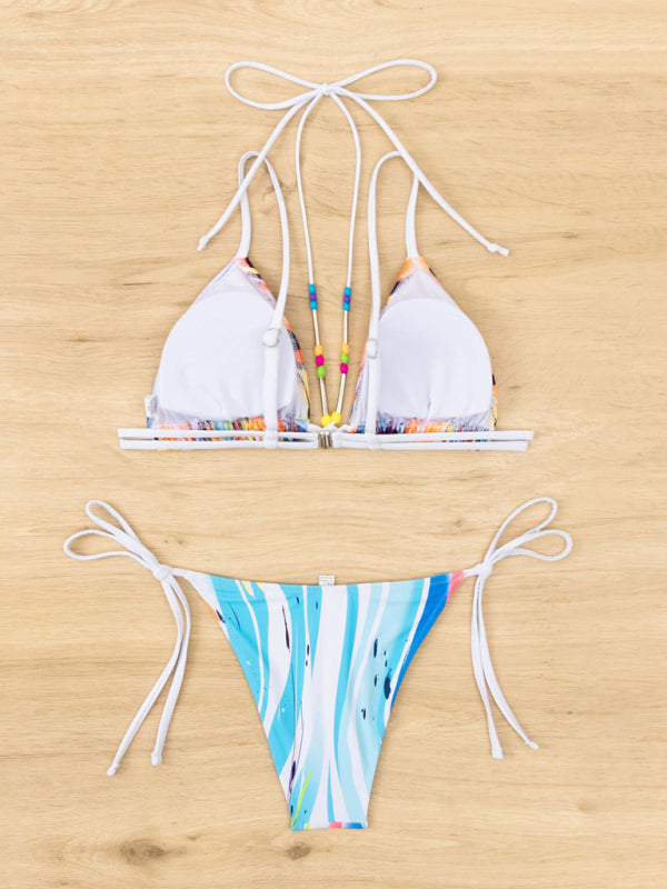 Eco-friendly New Bikini Drawstring Beaded Lace Printed Split Triangle Swimsuit